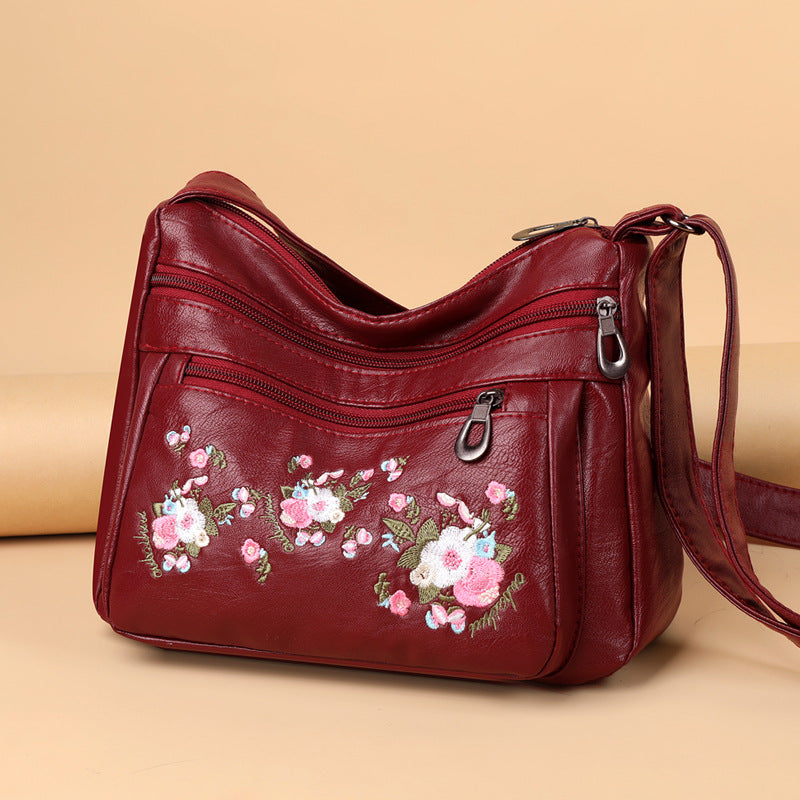 Embroidered Soft Leather Shoulder Bag For Middle-Aged And Older Adults