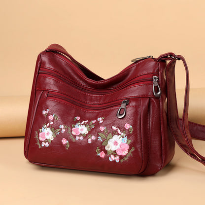 Embroidered Soft Leather Shoulder Bag For Middle-Aged And Older Adults