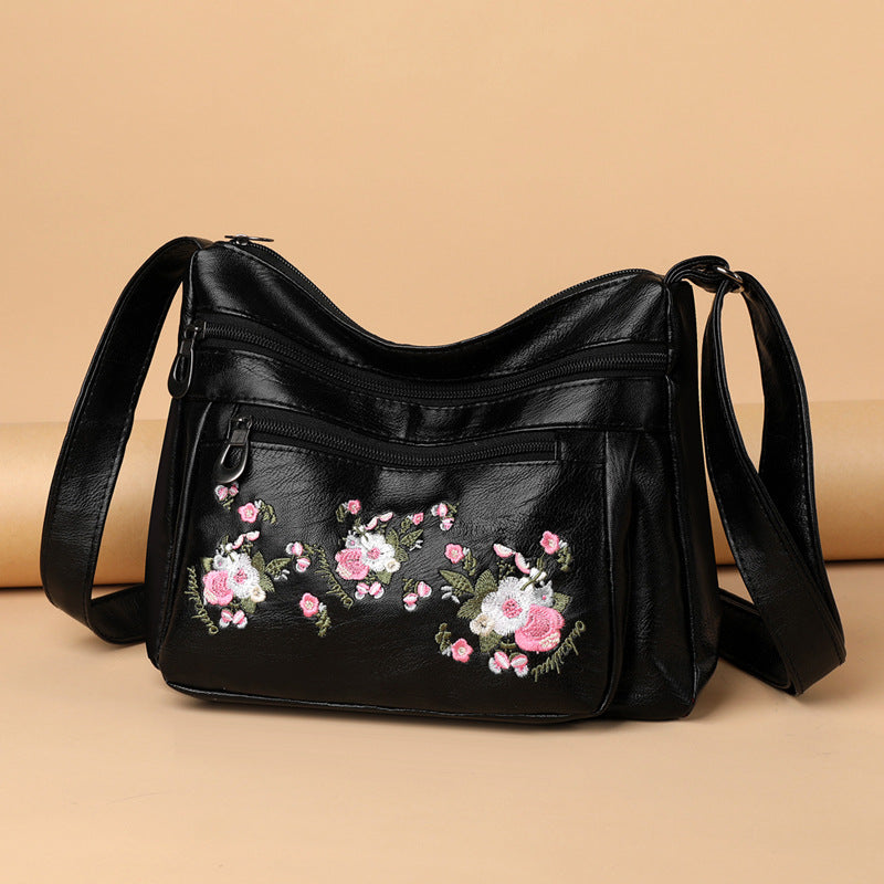 Embroidered Soft Leather Shoulder Bag For Middle-Aged And Older Adults