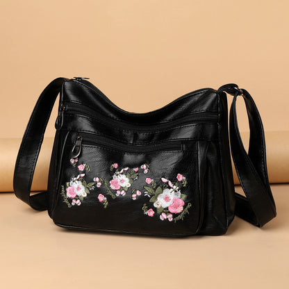 Embroidered Soft Leather Shoulder Bag For Middle-Aged And Older Adults