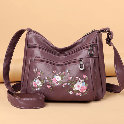 Embroidered Soft Leather Shoulder Bag For Middle-Aged And Older Adults