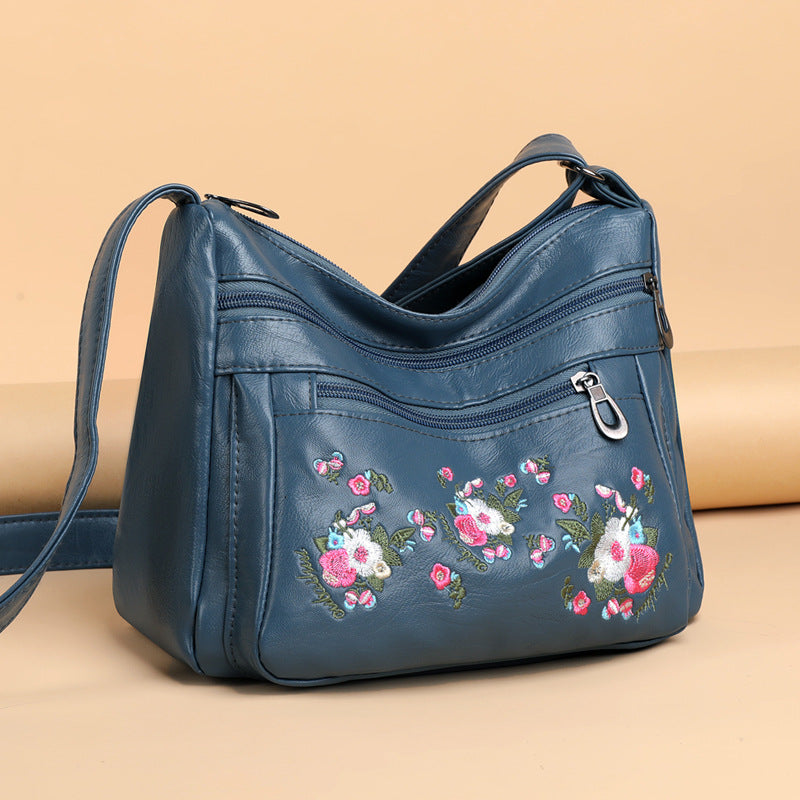 Embroidered Soft Leather Shoulder Bag For Middle-Aged And Older Adults