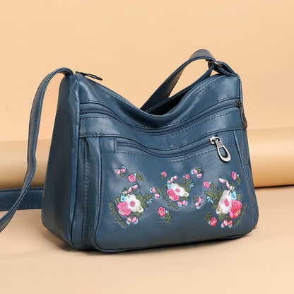 Embroidered Soft Leather Shoulder Bag For Middle-Aged And Older Adults
