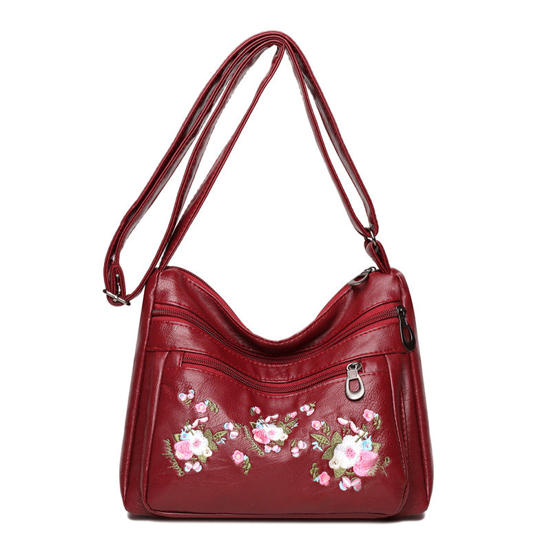 Embroidered Soft Leather Shoulder Bag For Middle-Aged And Older Adults